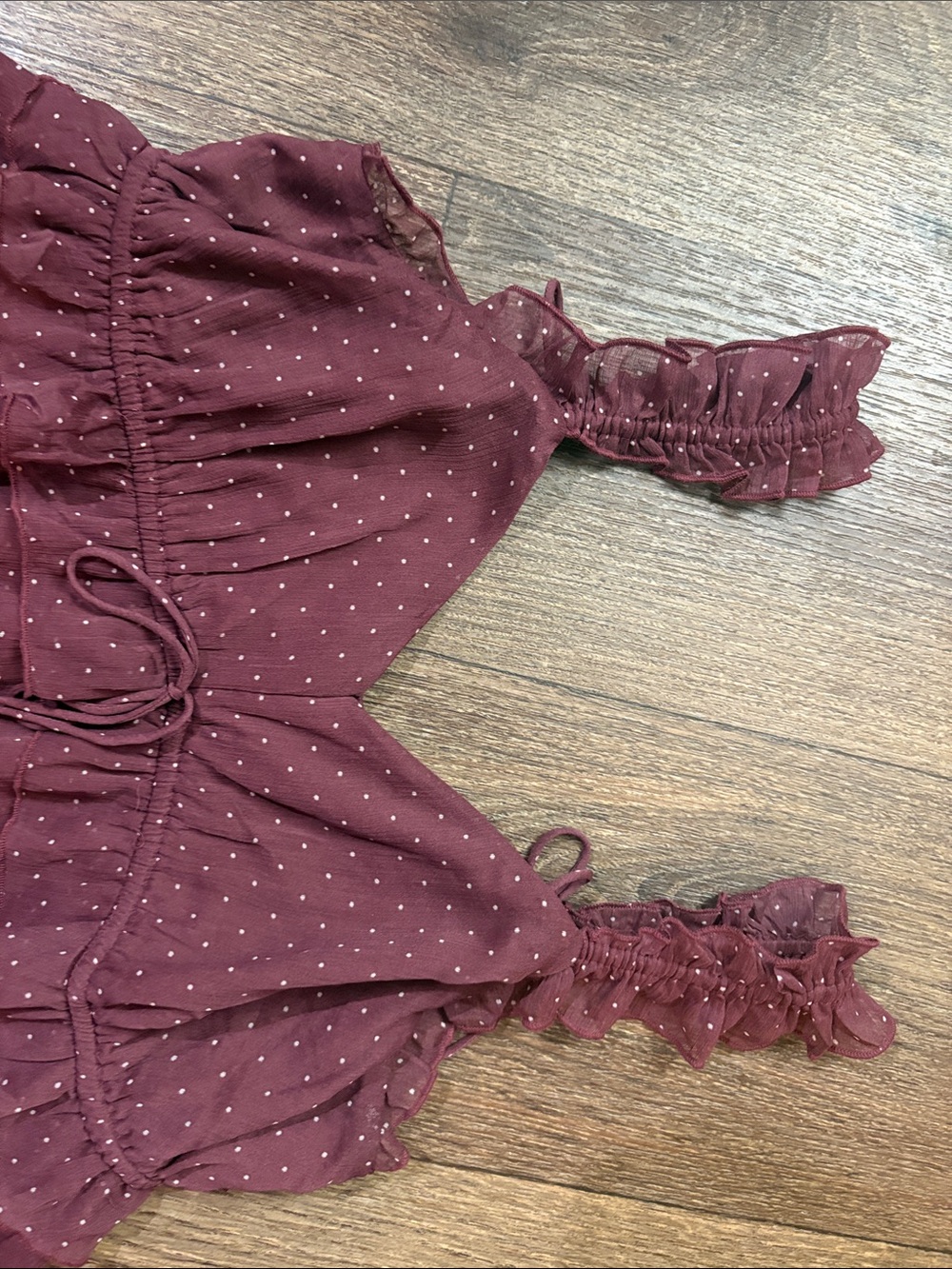 American Eagle Outfitters Burgundy Polka Dot Ruffle Strap Dress - Picture 2 of 6